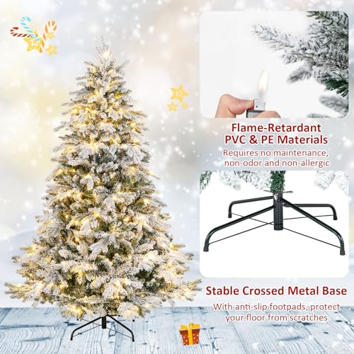 Image of Goplus 6ft Pre-Lit Snow Flocked Christmas Tree, Artificial Hinged Xmas Tree with 1415 Branch Tips, PE & PVC Mixed Leaves, 260 Warm-White LED Lights, Foldable Metal Base, for Home Office Holiday Decor