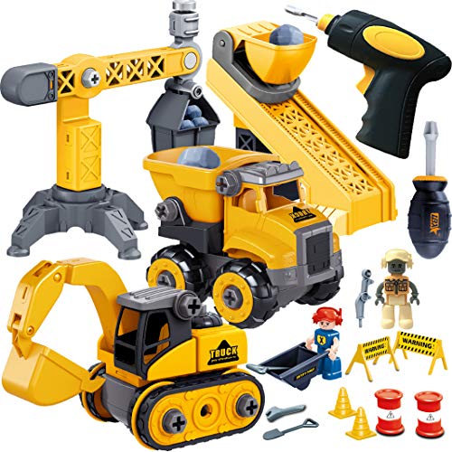 JOYIN 4 in 1 Take Apart STEM Build Your Own Construction Vehicle Truck Toy Playset with Electric Drill Toy