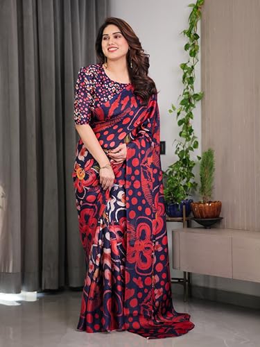 Image of ALMAARI FASHION Satin Georgette Floral Printed Saree with Blouse, 5.5 Meter Saree with 0.8 Meter Blouse, Traditional (SG 114 H)