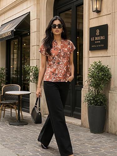 Image of NAINVISH Printed Top Short Sleeve Button Down V Neck Lightweight Soft Fabric Casual Office Summer Stylish Patterned Womens Comfort Fit Regular Top
