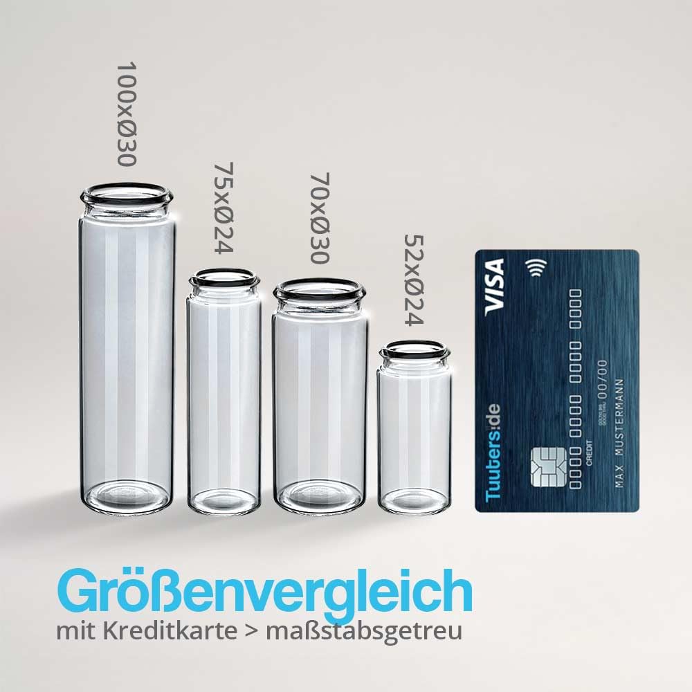 Tuuters 100 Stück Glasröhrchen mit Korken, 75 x Ø 24mm, kleine Glasflasche | 20ml Glas mit Kork Verschluss für Blumensamen, Geschenke, Gastgeschenke, Gewürze zur Hochzeit, Taufe, Kommunion, Reagenzglas