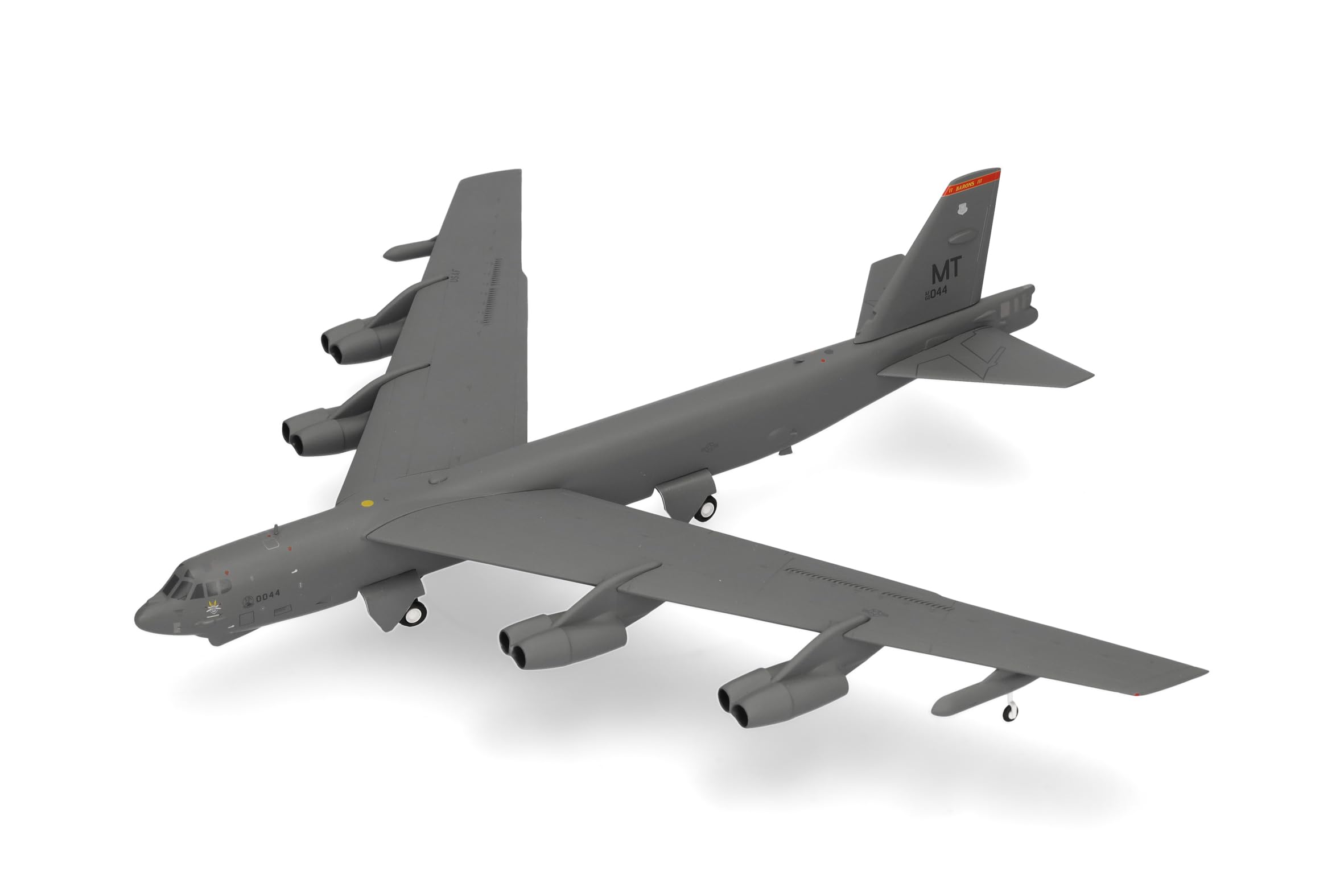 Herpa model samolotu wojskowego USAF Boeing B-52H Stratofortress – 23rd Bomb Squadron „Barons”, 5th Bomb Wing, miniatura w skali 1:200, model kolekcjonerski, model samolotu bez podstawki, metal