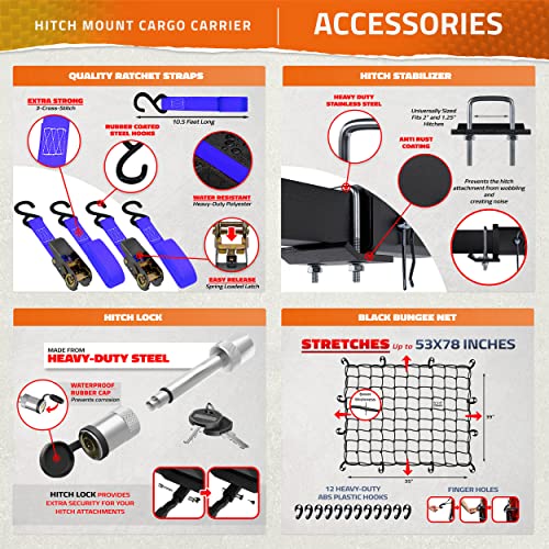 Mockins Xl 60"X24"X6" Heavy Duty Trailer Hitch Cargo Carrier Hitch Mount |500Lb Cap. Folding Receiver Hitch Cargo Rack W/Waterproof 25 Cu Hitch Cargo Carrier Bag |Fits 2" Cargo Hitch Receiver #TOP6