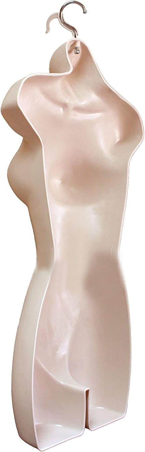 DisplayTown Female Mannequin Hip Long Torso Hollow Back Body Stackable Dress Form with Hanging Hook for Tshirt Display, Countertop, Craft Show, Photos and Design, S-M Clothing Size (Flesh, Set of 1)