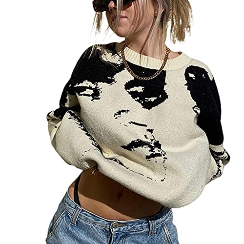 Whhhciy Jersey de punto para mujer Y2K, estampado geométrico, manga larga, estilo universitario, Y2, S Cover