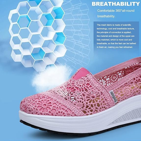 Women's Floral Embroidery Lace Mesh Air Cushion Sneakers,Comfortable Orthopedic Diabetic Walking Toning Shoes Breathable Slip on Platform Loafers Casual Fashion Rocker Shoes4