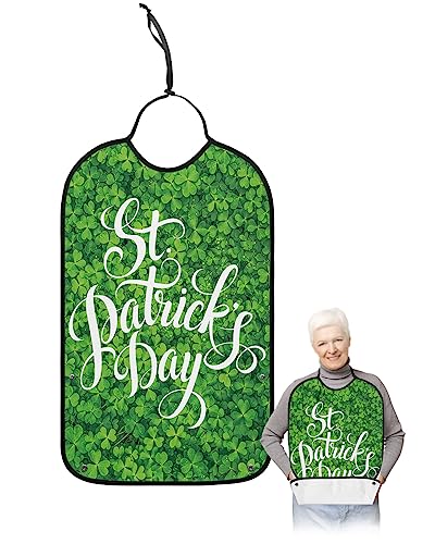 St. Patrick's Day Adult Bibs for Eating, Waterproof Bibs with Food Catcher & Adjustable Snap Closure, Lucky Green Clover Happy Saint Patrick's Day Clothing Protectors Adult Bibs for Elderly Women/Men
