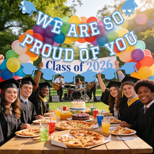 Image of We Are So Proud Of You Banner Graduation Party Decorations Congrats Grad Cap Garlands Wall Sign Light Blue White