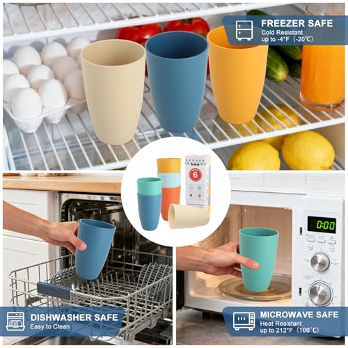 Image of 20 OZ Wheat Straw Cups of 6, Large Unbreakable Plastic Cups, Color | Reusable Cups for Coffee, Juice & Water - Dishwasher &Microwave Safe Cups for Kitchen