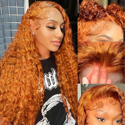 Image of Nsvnsv Ginger Wig Human Hair 13x4 deep wave Ginger Orange Lace Front Wigs Human Hair HD Transparent Lace Frontal 350 Colored Human Wig Pre Plucked 180% Density 24inch