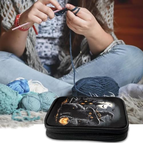Image of Black Cat Crochet Hook Case Haunted House Bat Portable Knitting Needle Case with Web Pockets Swing Crochet Hooks Accessories Halloween Home Gifts