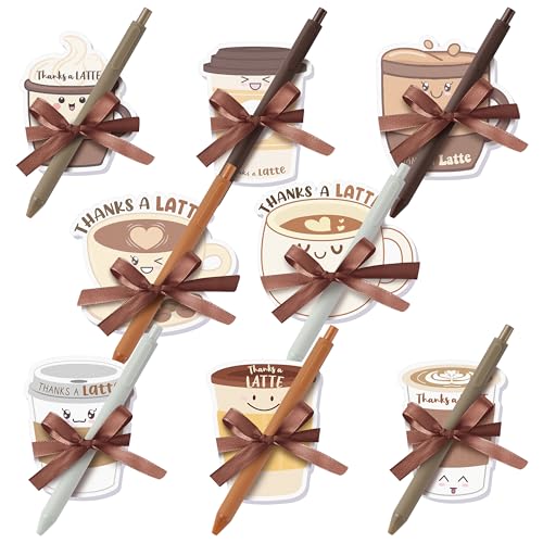 Xqumoi Thanks A Latte Sticky Notes with Pen Gift Set - 24 Set Coffee Self Sticky Writing Memo Pads Ballpoint Pens with Mesh Bag Thank You Gift Party Favors School Classroom Rewards Office Supplies