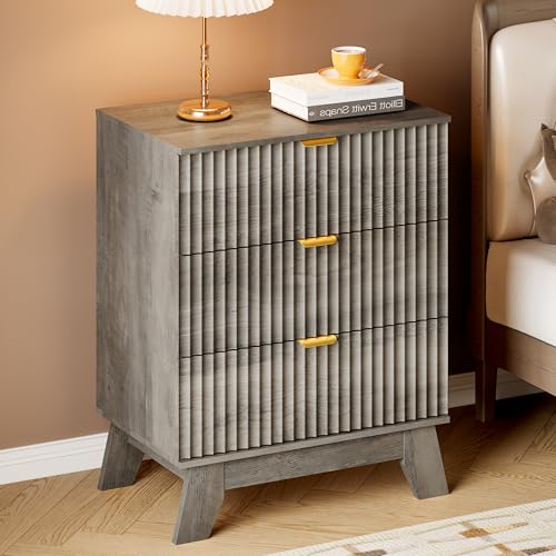 Image of BORNOON Fluted 3 Drawer Dresser, 30.3 inch Tall Compact Modern Boho Chest of Drawers, Wooden Storage Cabinet for Bedroom, Living Room, Entryway, Curved Profile Design