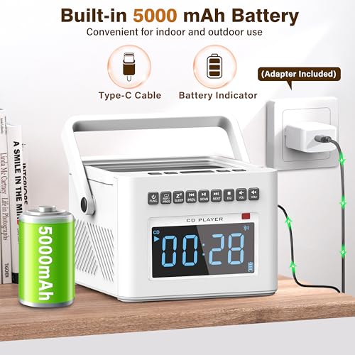 Sunoony BX-W17 5000Mah Rechargeable Cd Player Boombox With Alarm Clock And Time Display, Portable Cd Player With Bluetooth Transmitter thumb #1