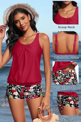 Image of Yonique Blouson Tankini Swimsuits for Women 2 Piece Bathing Suits Tops with Boyshorts Modest Loose Fit Swimwear