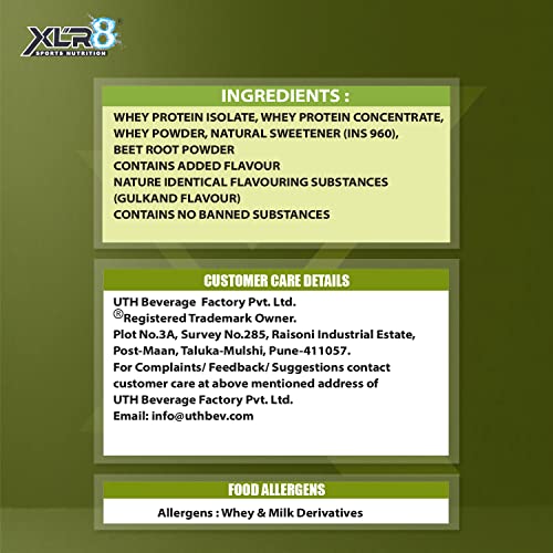 Image of XLR8 Natur Iso Gold Whey Protein Isolate, 25g Protein, 5.7g BCAA, Sweetened with Stevia, VEGETARIAN, ZERO SUGAR, Muscle Support and Recovery. (Gulkand Flavour, 500g)