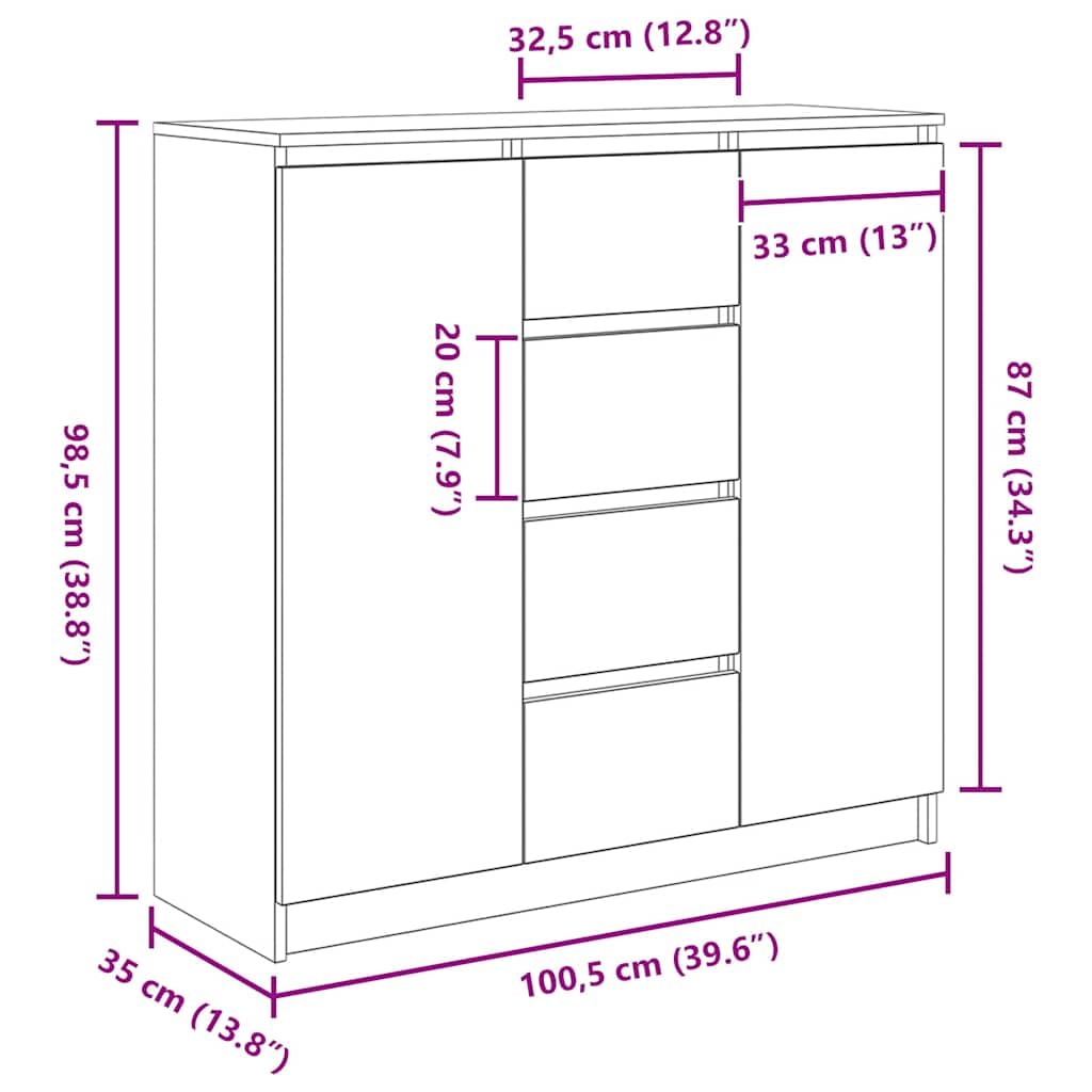 VidaXL Credenza Con Cassetti Bianco: 100,5x35x98,5 Cm, Legno Multistrato, 4 Cassetti
