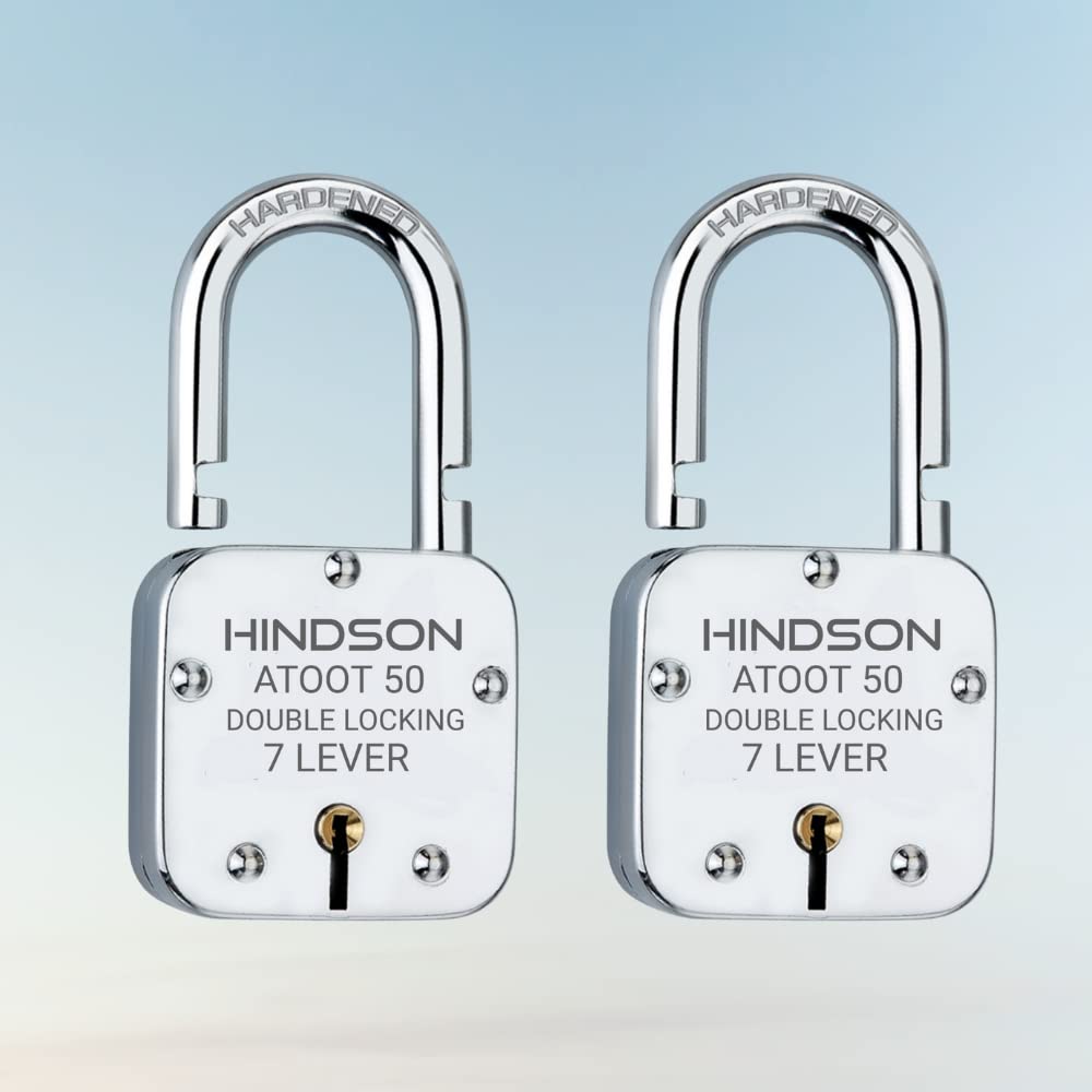 HINDSON Small Lock Atoot 50mm with 3 Key, Atoot 50 Steel Double Locking, 7 Lever Padlock for Door, Gate, Shutter (Finish Silver) (Atoot 50mm Pack 2) 3