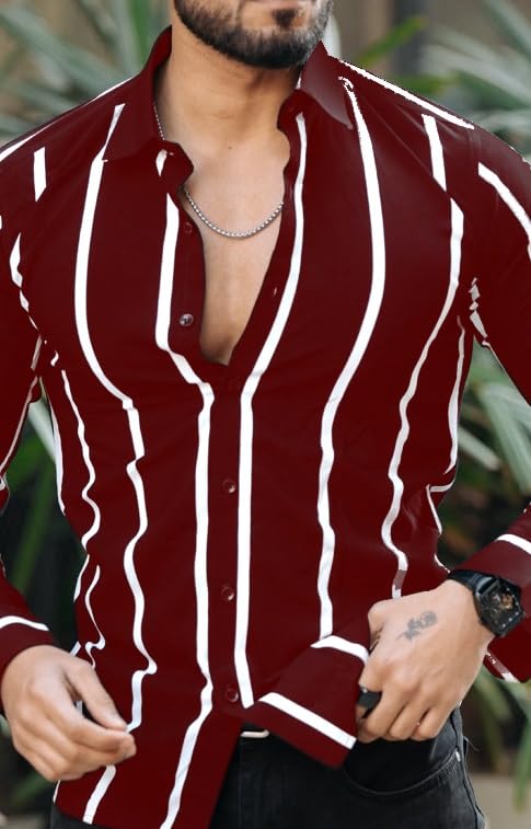 Image of MiraMichi Men's Striped Slim Fit Lycra Shirt | Full Sleeve Stretchable Shirt | Trendy Black and White Vertical Stripes for Casual