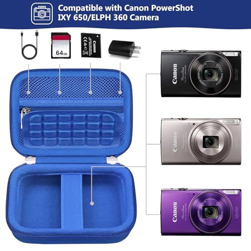 Image of Camera Case for Canon PowerShot ELPH 360 HS A, IXY 650 /ELPH 360 Camera Protective Case Storage Holder Travel Bag with Wrist Strap, Mesh Pocket for Battery Pack, USB Cable, Blue