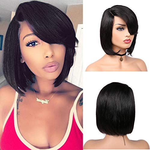 HANNE Brazilian Human Hair Wigs Swept Side Lace Parting Short Bob Wig Brazilian Remy Hair Wigs for Women (Natural Color)