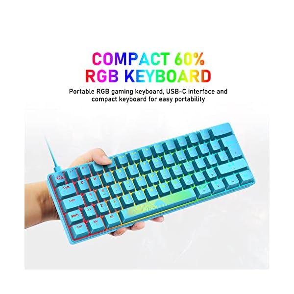UK Layout 60% mechanische Gaming-Tastatur, Mini-62 Tasten, USB C, RGB Hintergrundbeleuchtungseffekte Rainbow LED-Licht… – Bild 5