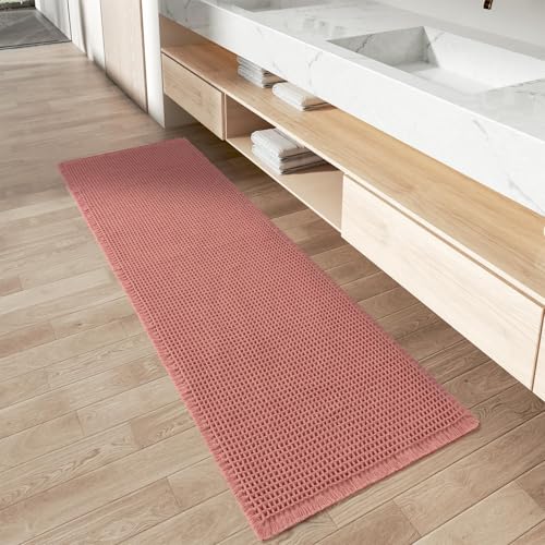 Upgraded Waffle Runner Rug Super Absorbent Non Slip Bath Mats for Bathroom Floor Washable Bathroom Runner Rug with Tassels, Ideal for Hallway Bedroom Laundry Room, Coral Pink, 2' x 5'(24" x