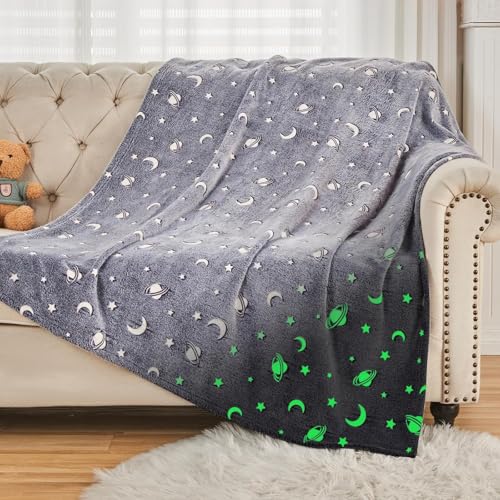 Glow in The Dark Blanket for Kid, 6x6 Feet size blankets for kids, Luminous Star Soft Fleece Throw for Girls Boys Teen, Toddler Bedding & Cozy Nightlight Blanket, Grey Flannel Plush for Couch Sofa Bed