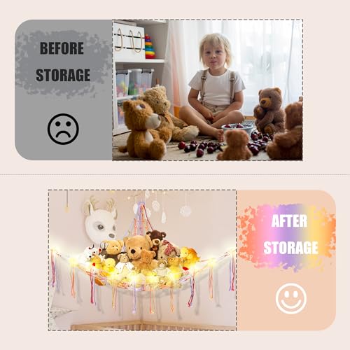 Image of CERETIA Stuffed Animal Hammock with LED Light, Large Stuffed Animals Storage Corner Plushie Net for Kids Room Decor, Rainbow
