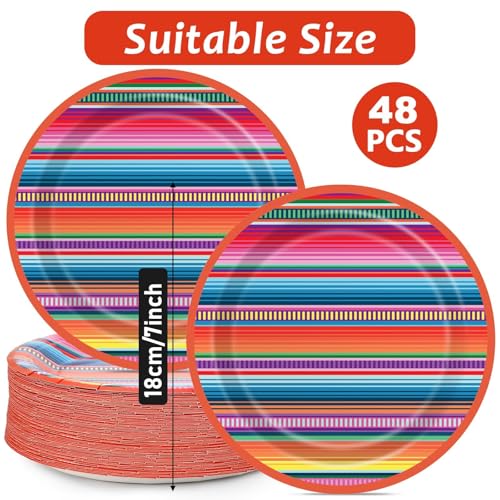 Image of 48PCS Fiesta Party Paper Plates Mexican Serape Fiesta Party Decorations Taco Plates Disposable Day of The Dead Supplies 7 inch Mayo Dessert Platters Mexico Stripes Dia De Los Muertos Decor