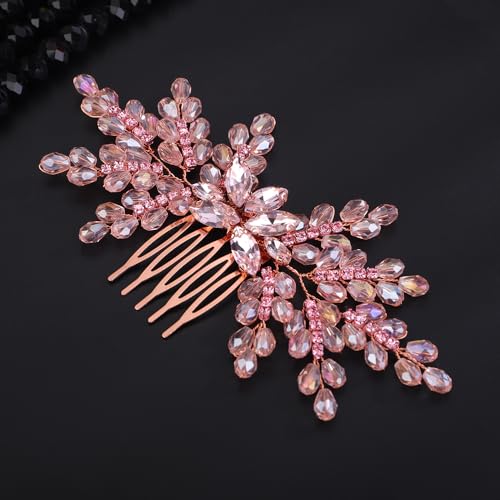 Peineta nupcial de cristal rosa para cabello miniatura 3