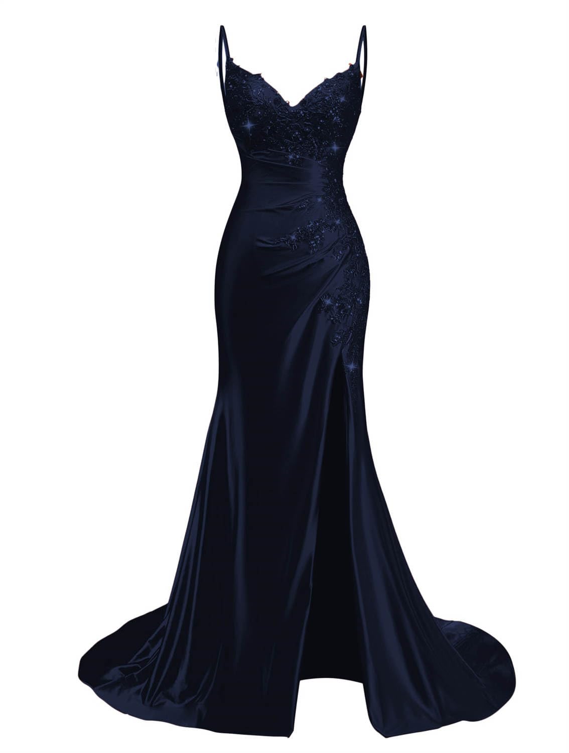 Kurface Women's Navy Blue Spaghetti Strap Satin Prom Dresses With Slit For Teens Lace Applique Mermaid Formal Party Gown Graduation Dress Uk6
