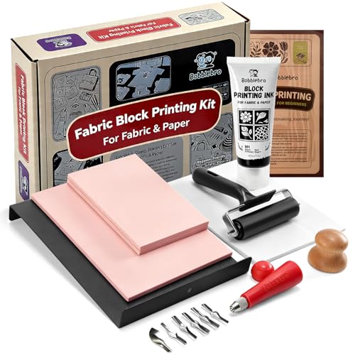 Bobblebro Linocut Kit for Printmaking - Fabric Block Printing Kit with 2.6 oz Fabric Ink for Fabric and Paper Stamp Making Kit & Carving Tools - Arts and Crafts for Adults - DIY Back to School Gift