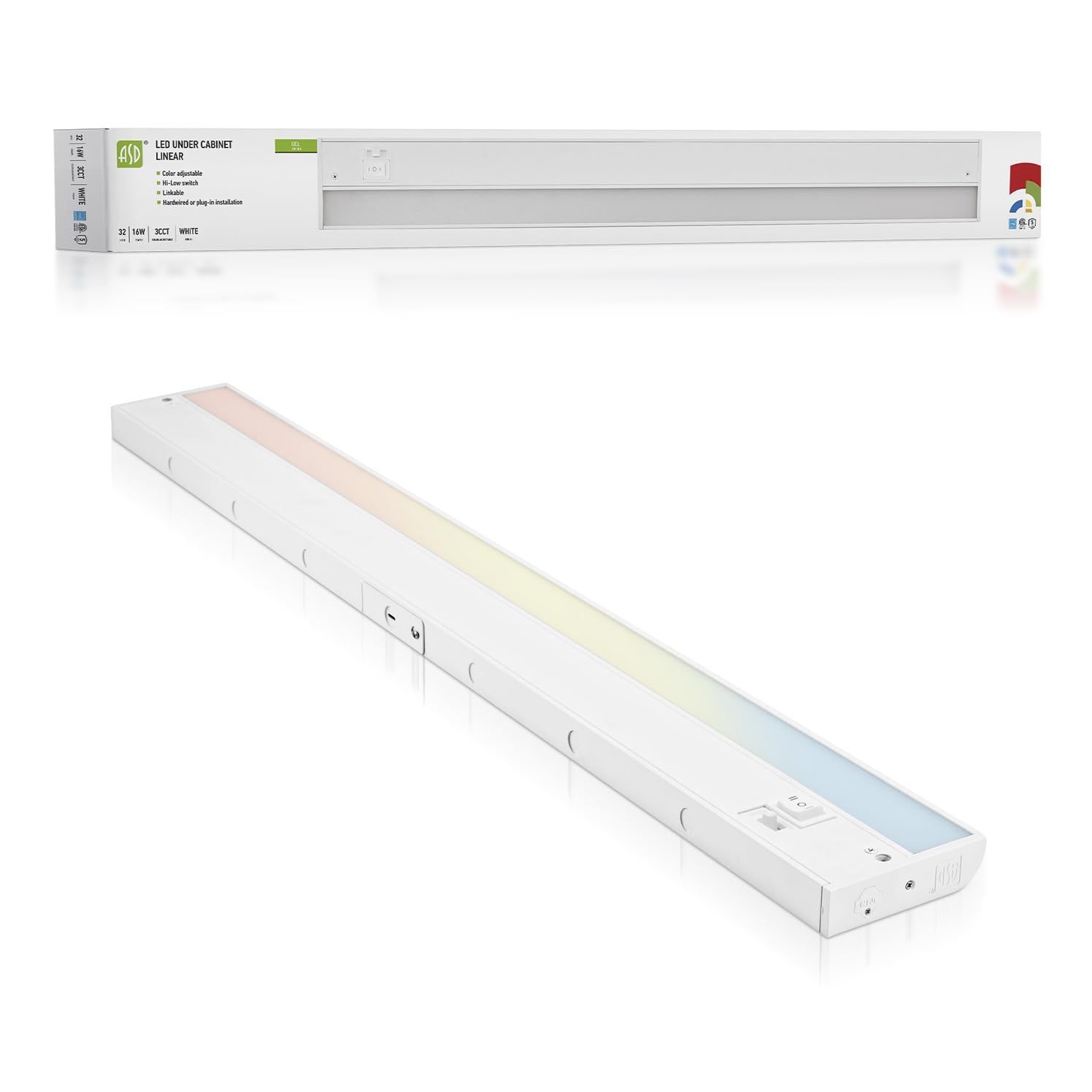 ASD LED Under Cabinet Lighting 32 Inch, Dimmable, Hardwired or Plug-in Installation, 3 Color Levels- 2700K/3000K/4000K, Linkable Kitchen Under Counter Lighting, ETL & Energy Star, White Finish