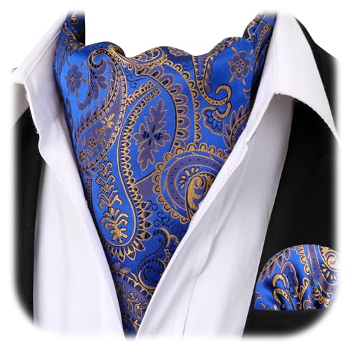 Image of HISDERN Ascot Ties for Men Paisley Floral Ascot and Pocket Square Set Classic Self Tie Mens Cravat Handkerchief for Wedding