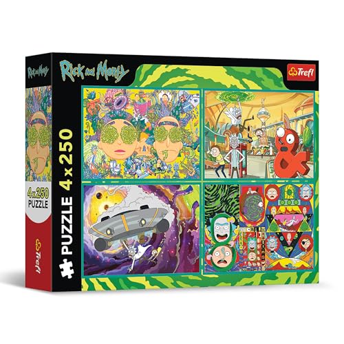 Trefl 4en1 and, Mundo de travesuras de Rick y Morty-4 x 250 Piezas-Set de Cuatro puzles para Adolescentes, Multicolor (13338)