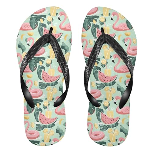 ALAZA Watermelon Lemon Pink Flamingo Flip Flops for Women Fashion Beach Slippers Comfort Mens Flip Flops Non-Slip Rubber Shower Slippers Sandal for Hotel Travel Sport,XS