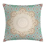 Ambesonne Moroccan Throw Pillow Cushion Cover, Ottoman Mosaic Art Pattern Oriental Floral Forms Antique Scroll Ceramic Boho, Decorative Square Accent Pillow Case, 16' X 16', Cream Turquoise