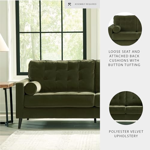 Image of Signature Design by Ashley Olive Green Velvet Sofa, No Assembly | 87-in couch, Sag-resistant platform foundation system, Easy-clean polyester velvet, Water or solvent cleanable, Reveon Lakes