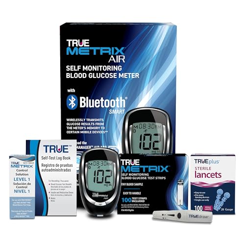 TRUE METRIX AIR Meter Starter Kit - Blood Glucose Meter, Case, 100 Test Strips, 100 Lancets, Lancing Device, Control Solution, Log Book - Fast, Easy Testing Supplies for Home Use