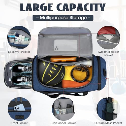 Image of IGOLUMON Gym Bag for Men 55L Sports Duffel Bags Gym Duffle Bag Women with Shoe Compartment & Wet Pocket Water Resistant Travel Duffel Bag Lightweight Weekender Overnight Bag Blue