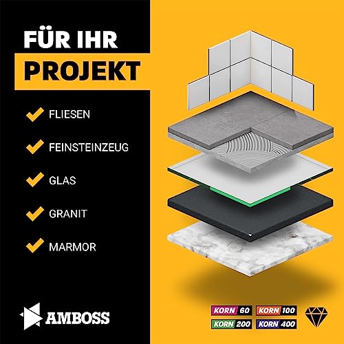 Amboss Werkzeuge Schleifklotz Set Korn: 60-400 - Diamant Schleifpad - Schleifschwamm/geeignet für Fliesen + Feinsteinzeug + Glas + Granit + Marmor