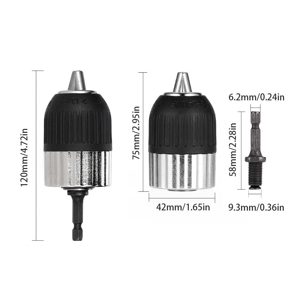 Portabrocas autoblocante sin Llave, Rango de sujeción de 1,5 a 13 mm, Adaptador de Taladro eléctrico con vástago Hexagonal de 3/8 a 24 UNF, 1 Unidad