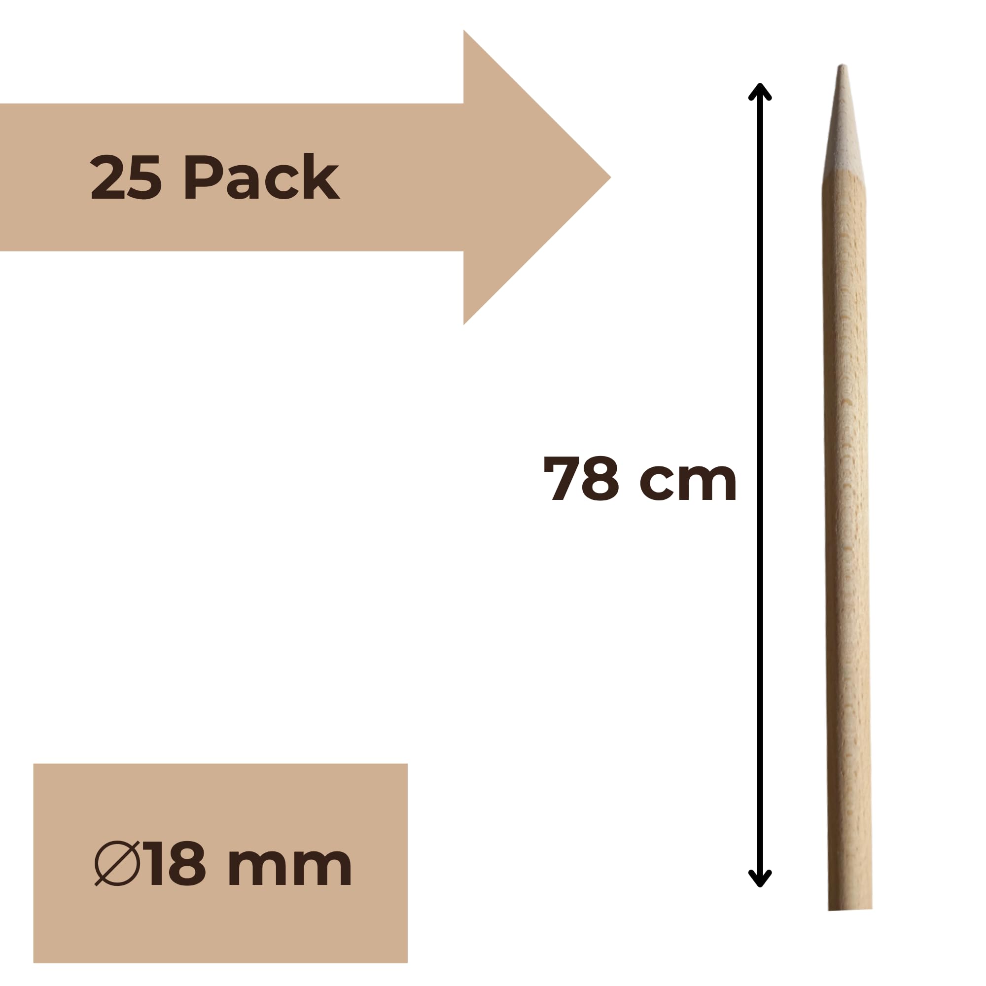 25 Pali Ovali in Legno di Faggio Ø18 mm x 78 cm – Picchetti Robusti per Piante, Tutori per Pomodori, Pali da Recinzione e Giardino, Sostegni per Alberi e Rampicanti