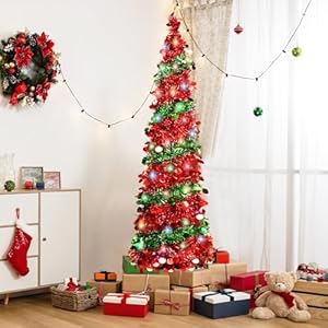 5FT Christmas Tree with 90 LED Lights, Collapsible Sequin Pop Up Xmas Tree with Stand for Home, Great Fall Decoraitons (Red Green) 5FT Christmas Tree with 90 LED Lights Collapsible Sequin Pop Up Xmas Tree with Stand for Home Great Fall Decoraitons Red Green