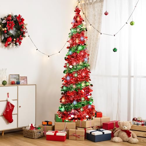 5FT-Christmas-Tree-with-90-LED-Lights-Collapsible-Sequin-Pop-Up-Xmas-Tree-with-Stand-for-Home-Great-Fall-Decoraitons-Red-Green 5FT Christmas Tree with 90 LED Lights Collapsible Sequin Pop Up Xmas Tree with Stand for Home Great Fall Decoraitons Red Green