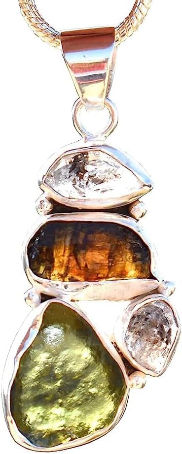 Real Czech Republic Moldavite Crystal with Rough Herkimer Diamond Pendant Self Healing High Vibration Energy Tektite Stone Moldavite Pendant Ideal For Gift (Sterling Silver)