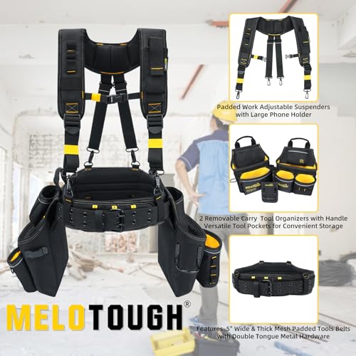 Image of MELOTOUGH Carpenters Tool Belt with Suspenders Professional Tool Belt Combo Organizer With Tool Pouch Suspenders with 32 Pockets and Loops fits 33 inch-47 inchWaist for Electrican /Contractor /Technican(Yellow)