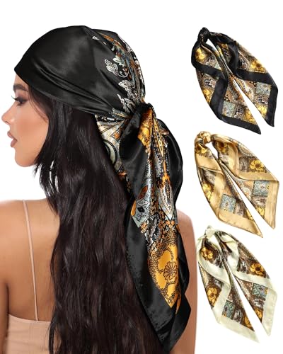 AWAYTR 35” Large Square Satin Head Scarf - 3Pcs Satin Hair Scarves Silk Feeling Bandana Headscarf for Women (Cashew(Camel/Black/Beige))