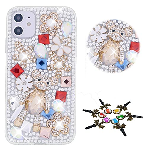 STENES Sparkle Phone Case Compatible with Umidigi A15T Case - STYLISH - 3D Handmade Bling Stone Bear Flowers Rhinestone Crystal Diamond Design Girls Women Cover - White
